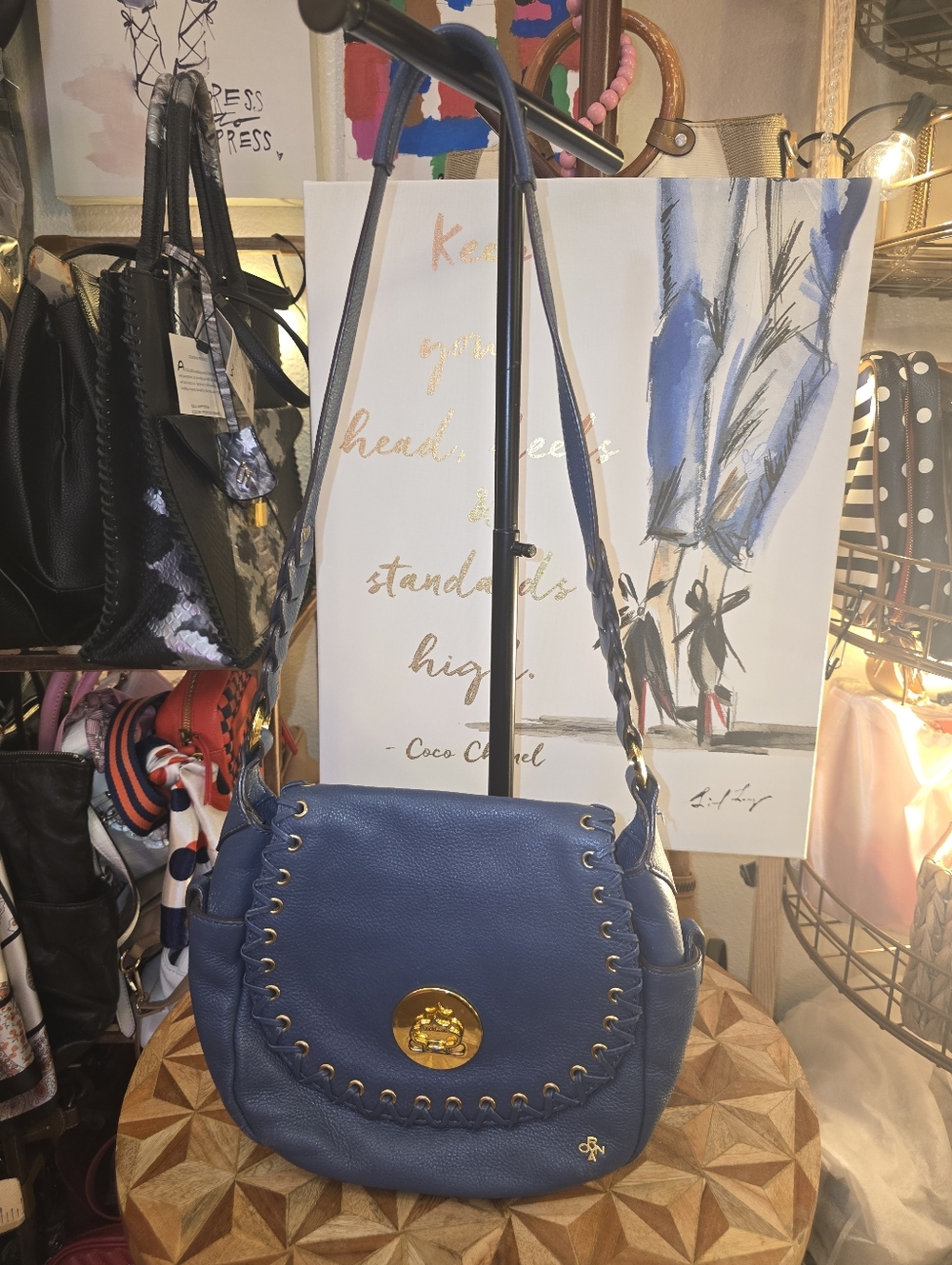 Cobalt Blue Leather Crossbody Bag with Gold Hardware By OrYany - Picture 2 of 12